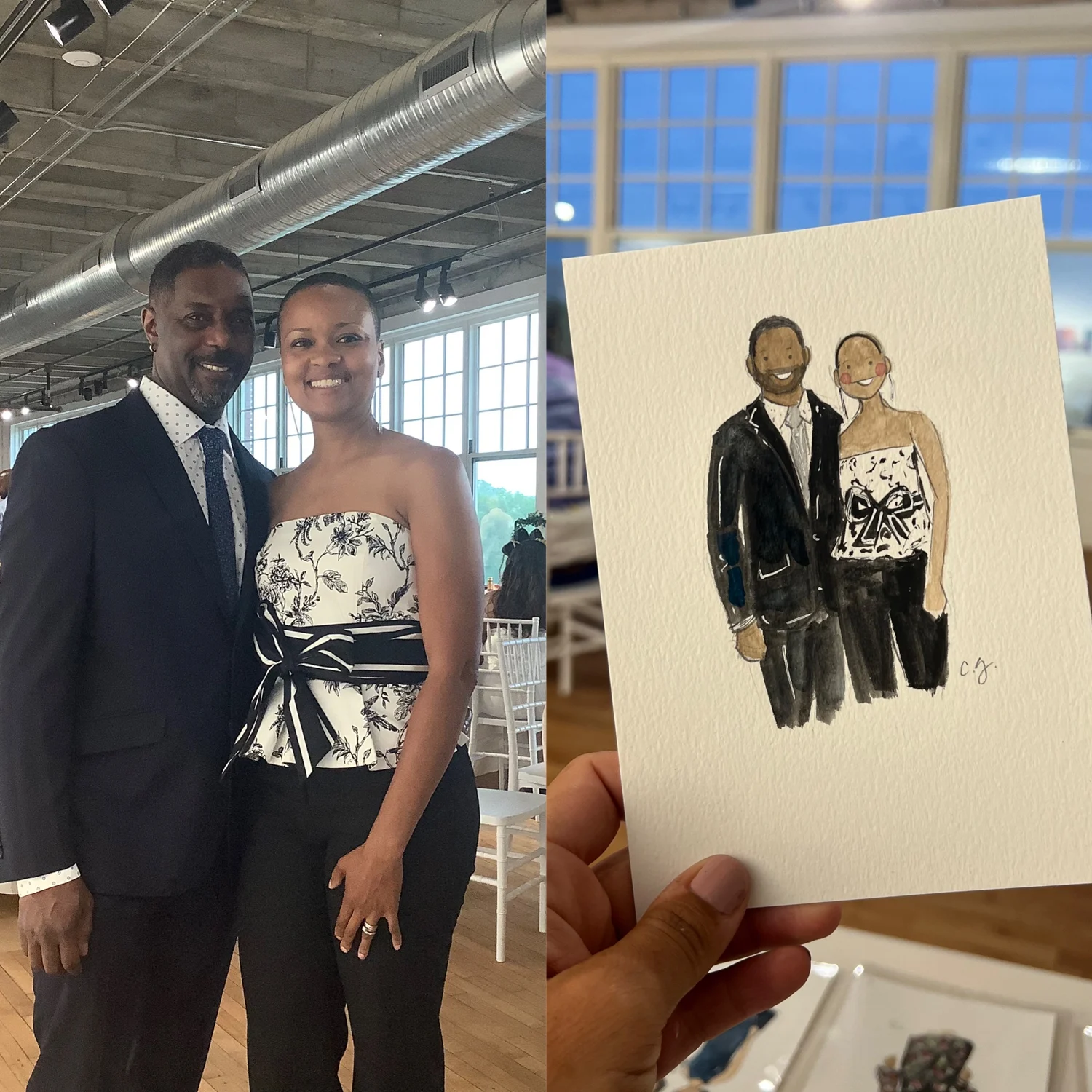 Two formally dressed guests alongside their finished watercolor portrait