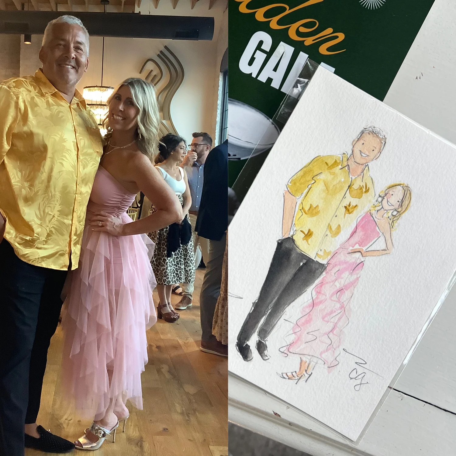 Gala guests wearing yellow and pink alongside their full-length watercolor portrait
