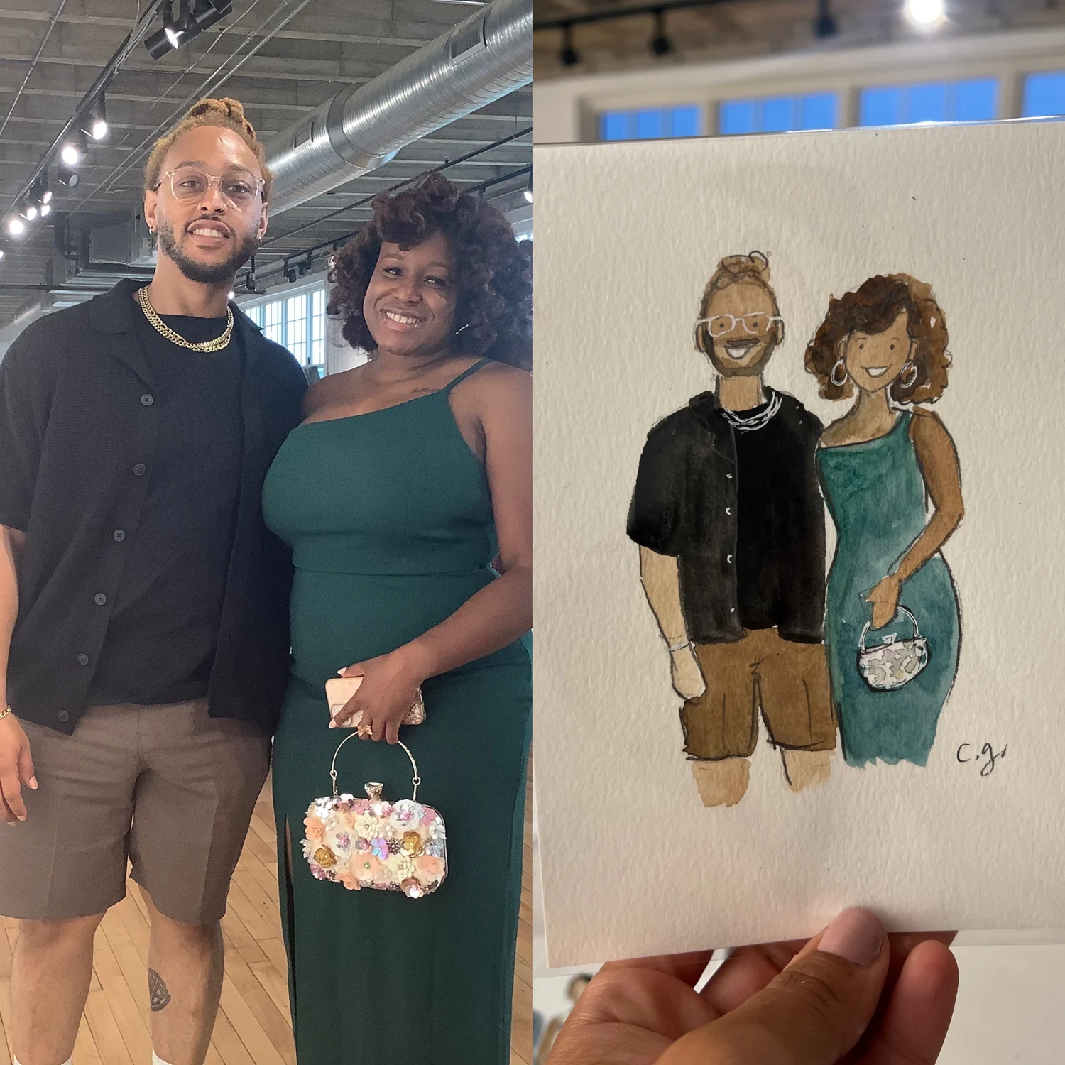 Guests in a green dress and dark shirt alongside their watercolor portrait