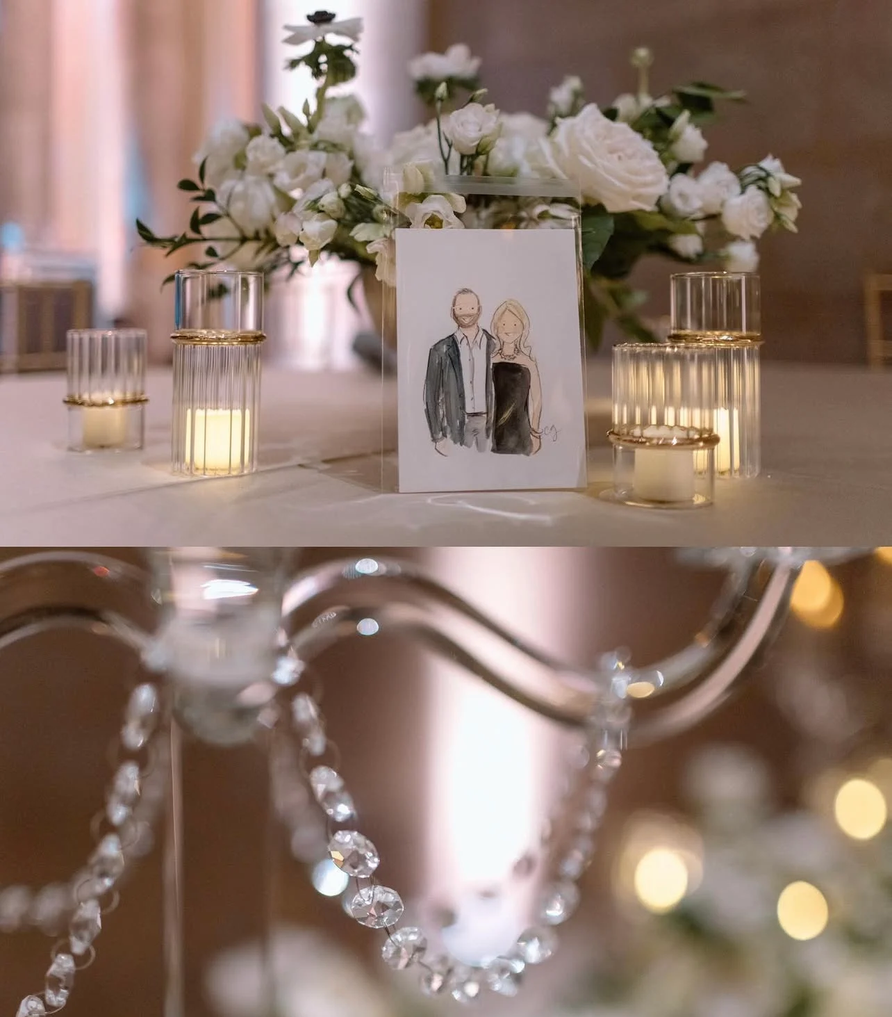 A hand-painted couple portrait displayed with flowers and candlelight at a wedding reception